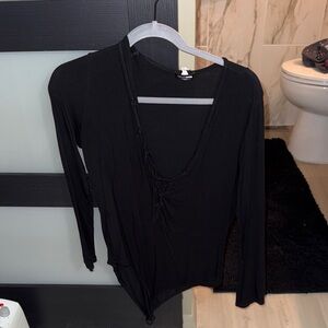 Fashion Nova Black Long-Sleeve V-Neck Bodysuit